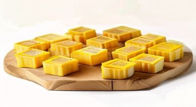黄油作坊调味黄油礼盒产品展示，六款不同风味的手工黄油整齐排列在木质托盘上，包装简洁高端，适合节日送礼